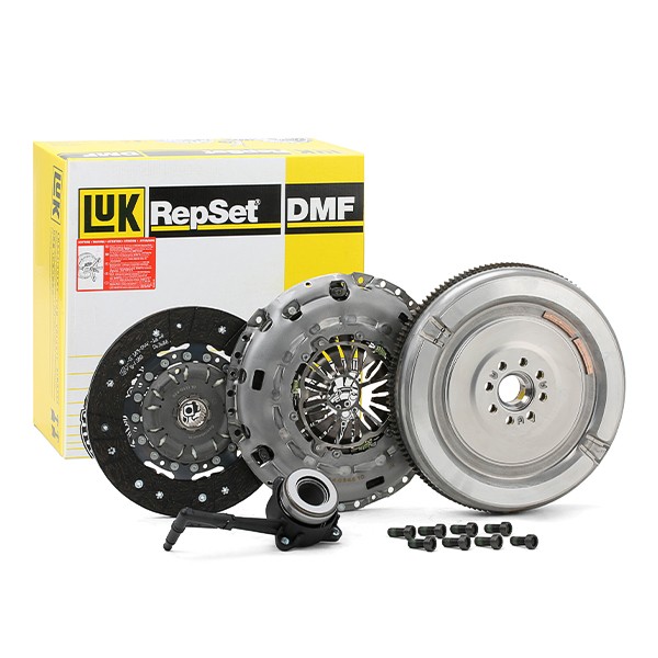 LuK 600 0125 00: Spojková sada s centrálním vypínačem relé, bez vodicího ložiska, se setrvačníkem, se sadou šroubů, Pro montáž je nutné speciální nářadí, Dvouhmotový setrvačník s třecím řídicím kotoučem RepSet DMF
