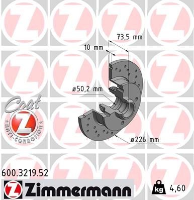 ZIMMERMANN 600.3219.52: Remschijf Achteras, Ø: 226mm, volledig, Geperforeerd, Ø: 226mm, Gecoat, Zonder wiellager, Met ABS sensorring SPORT COAT Z