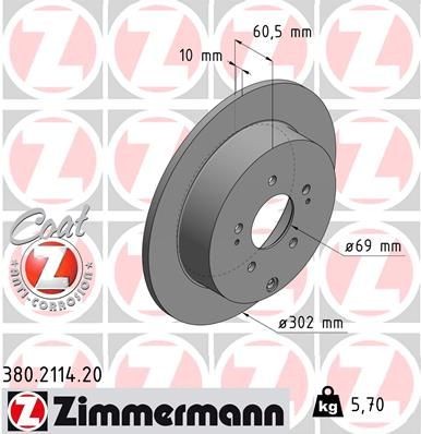 ZIMMERMANN 380.2114.20: Brzdový kotúč Zadna naprava, Ø: 302mm, plný, Ø: 302mm, potiahnutá COAT Z