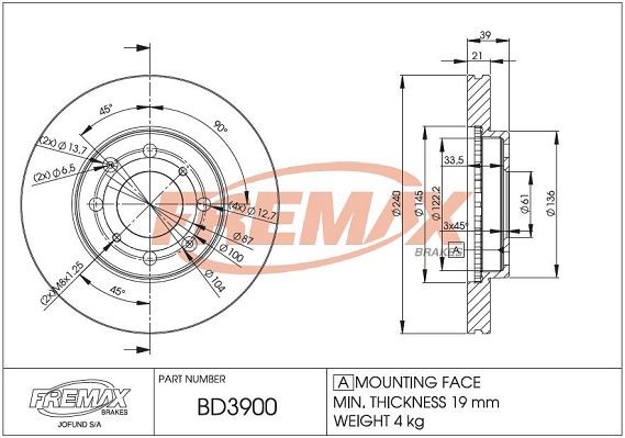 FREMAX BD-3900: Δισκόπλακα Ø: 240mm, αεριζόμενο, Ø: 240mm, με επίστρωση