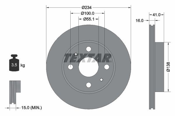 TEXTAR 92285603: Disco de freno Ø: 234mm, ventilación interna, Ø: 234mm, revestido, sin buje de rueda, sin cojinete rueda, sin perno de sujeción de rueda PRO