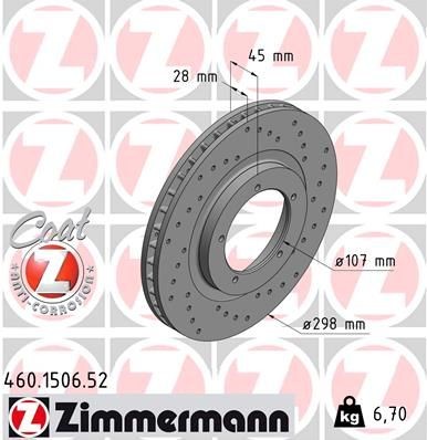 ZIMMERMANN 460.1506.52: Disco de freno Eje delantero, Ø: 298mm, ventilación interna, perforado, Ø: 298mm, revestido SPORT COAT Z