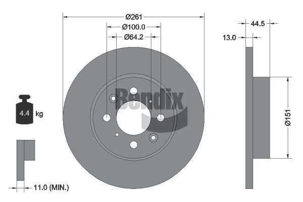 BENDIX Braking BDS1401: Disco de freno Ø: 261mm, macizo, Ø: 261mm, sin buje de rueda, sin cojinete rueda, sin perno de sujeción de rueda