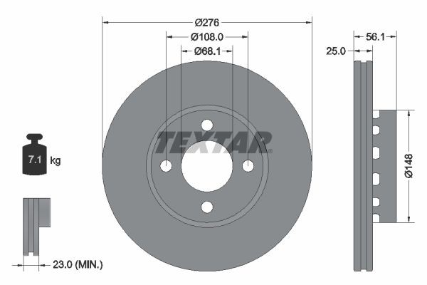 TEXTAR 92060500: Disco de freno Ø: 276mm, ventilación externa, Ø: 276mm, sin buje de rueda, sin cojinete rueda, sin perno de sujeción de rueda