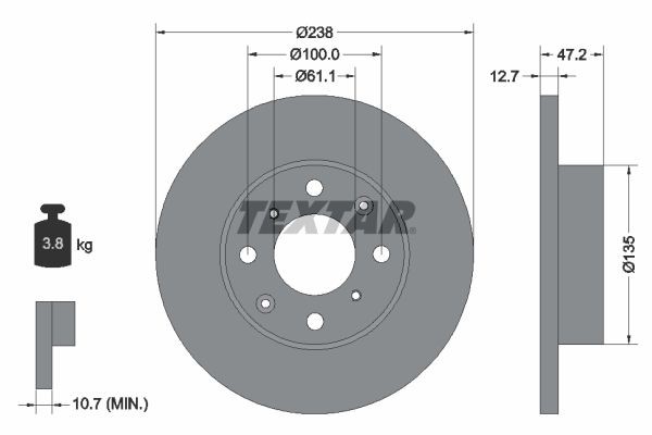 TEXTAR 92070500: Disco de freno Ø: 238mm, macizo, Ø: 238mm, sin buje de rueda, sin cojinete rueda, sin perno de sujeción de rueda