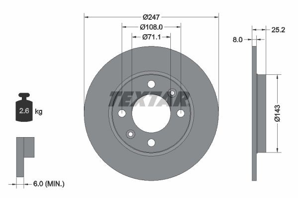 TEXTAR 92055003: Féktárcsa Ø: 247mm, tele, Ø: 247mm, bevonatolt, kerékagy nélkül, kerékcsapágy nélkül, kerékrögzítő csavar nélkül PRO