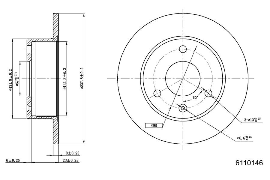 METZGER 6110146: Féktárcsa Első tengely bal, Első tengely jobb, Ø: 238mm, tele, Ø: 238mm, lakkozott, Keresztmetszet, csavarokkal