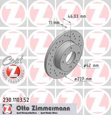 ZIMMERMANN 230.1103.52: Brzdový kotouč R: 227mm, plný, děrovaný, R: 227mm, nátěr SPORT COAT Z