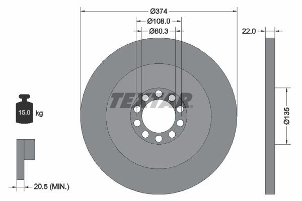 TEXTAR 93015500: Bromsskiva Ø: 374mm, full, Ø: 374mm, utan hjulvnav, utan hjullager, utan hjulbultar