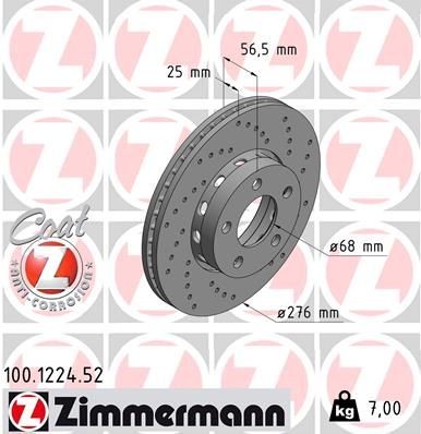 ZIMMERMANN 100.1224.52: Disco de freno Eje delantero, Ø: 276mm, ventilación externa, perforado, Ø: 276mm, revestido SPORT COAT Z