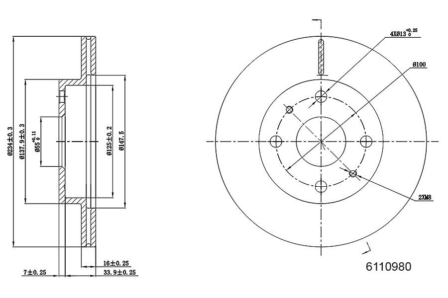METZGER 6110980: Disco de freno Eje delantero, izquierda, Eje delantero, derecha, Ø: 234mm, ventilación interna, Ø: 234mm, barnizado, Lijado en cruz
