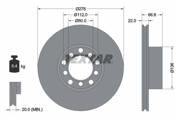 TEXTAR 92009800: Brzdový kotúč Ø: 278mm, s vnútorným chladením, Ø: 278mm, bez náboja kolesa, bez ložiska kolesa, bez skrutiek upevnujucich koleso