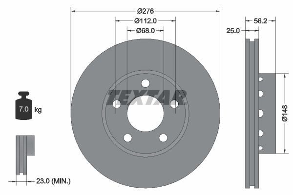 TEXTAR 92068100: Disco de freno Ø: 276mm, ventilación externa, Ø: 276mm, sin buje de rueda, sin cojinete rueda, sin perno de sujeción de rueda