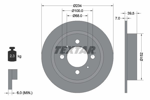 TEXTAR 92080000: Disco de freno Ø: 234mm, macizo, Ø: 234mm, sin buje de rueda, sin cojinete rueda, sin perno de sujeción de rueda