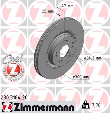 ZIMMERMANN 280.3184.20: Bromsskiva framaxel, Ø: 300mm, ventilerad invändigt, Ø: 300mm, belagd COAT Z