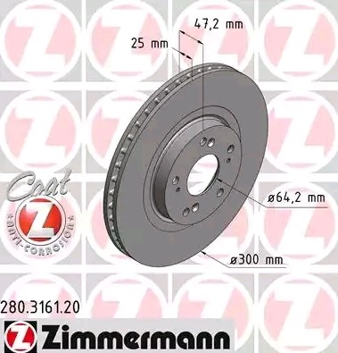 ZIMMERMANN 280.3161.20: Bromsskiva framaxel, Ø: 300mm, ventilerad invändigt, Ø: 300mm, belagd COAT Z