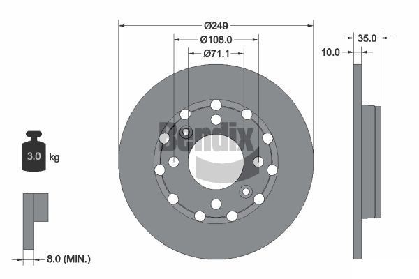 BENDIX Braking BDS2254: Brzdový kotúč Ø: 249mm, plný, Ø: 249mm, potiahnutá, bez náboja kolesa, bez ložiska kolesa, bez skrutiek upevnujucich koleso