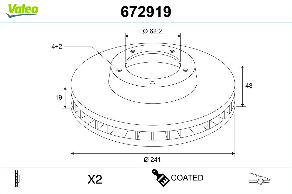 VALEO 672919: Piduriketas COATED Esisild, Ø: 241mm, õhutusega, Ø: 241mm, kaetud, ilma ABS- anduriteta, ilma integreeritud rattalaagrita
