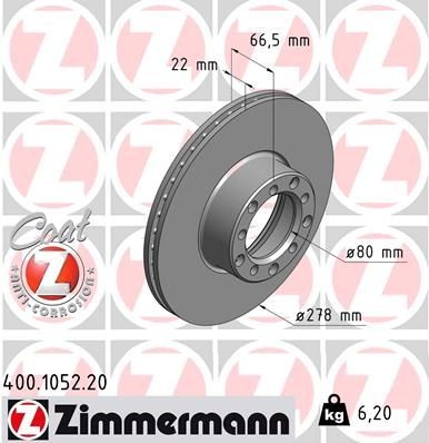 ZIMMERMANN 400.1052.20: Brzdový kotúč predna naprava, Ø: 278mm, s vnútorným chladením, Ø: 278mm, potiahnutá COAT Z