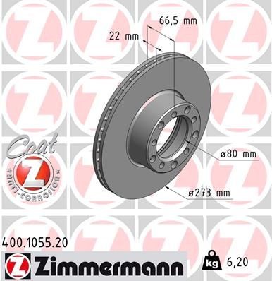 ZIMMERMANN 400.1055.20: Brzdový kotúč predna naprava, Ø: 273mm, s vnútorným chladením, Ø: 273mm, potiahnutá COAT Z