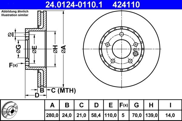 ATE 24.0124-0110.1: Disco de freno Ø: 280,0mm, ventilado, Ø: 280,0mm, revestido