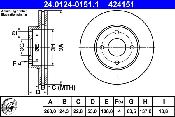 ATE 24.0124-0151.1: Disco de freno Ø: 260,0mm, ventilado, Ø: 260,0mm