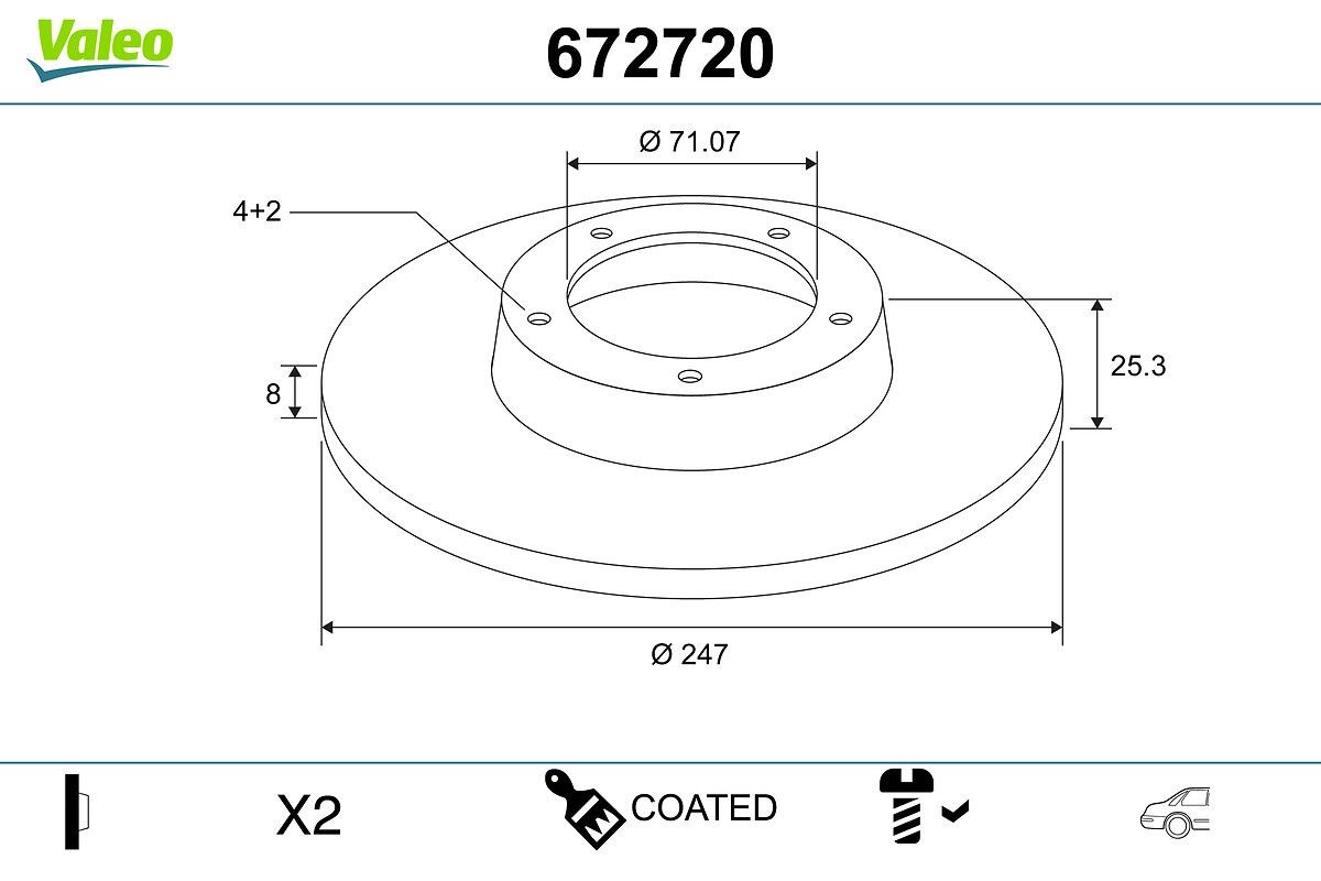 VALEO 672720: Disco de freno COATED Eje trasero, Ø: 247mm, macizo, Ø: 247mm, revestido, sin tornillos, sin anillo sensor ABS, sin cojimete rueda incorporado