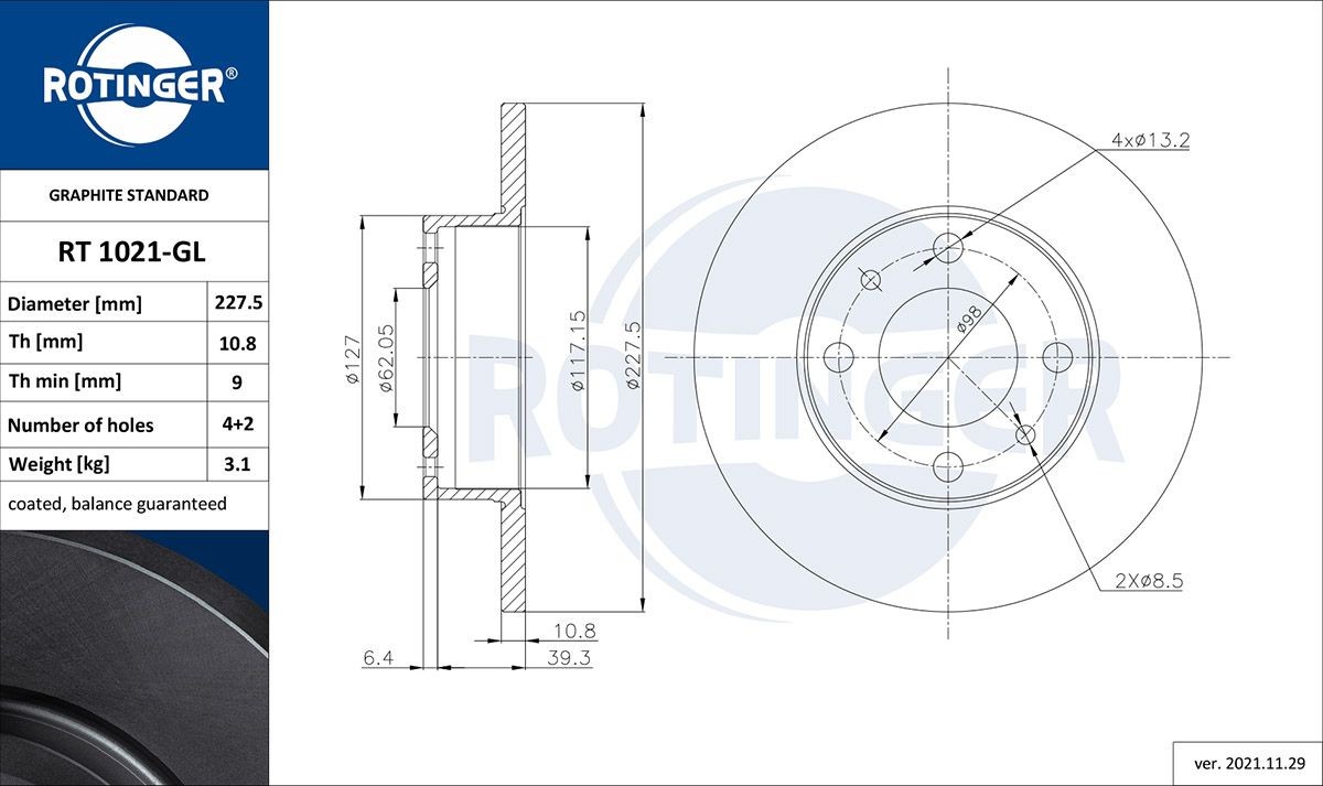 ROTINGER RT 1021-GL: Brzdový kotouč GRAPHITE LINE R: 227mm, plný, R: 227mm, galvanizováno