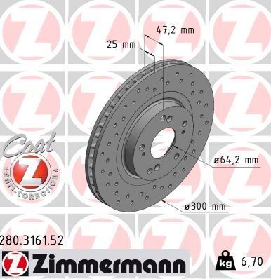 ZIMMERMANN 280.3161.52: Bromsskiva framaxel, Ø: 300mm, ventilerad invändigt, hålad, Ø: 300mm, belagd SPORT COAT Z