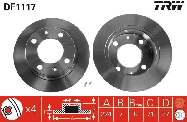 TRW DF1117: Disco de freno Ø: 224mm, macizo, Ø: 224mm, con tornillos