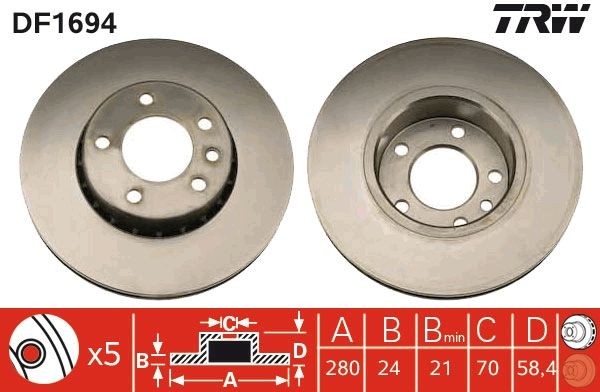 TRW DF1694: Disco de freno Ø: 280mm, ventilado, Ø: 280mm