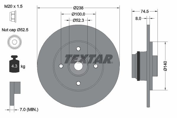 TEXTAR 92154000: Disco de freno Ø: 238mm, macizo, Ø: 238mm, con tuerca del eje, con anillo sensor ABS, con cojinete rueda, sin perno de sujeción de rueda, con buje de rueda