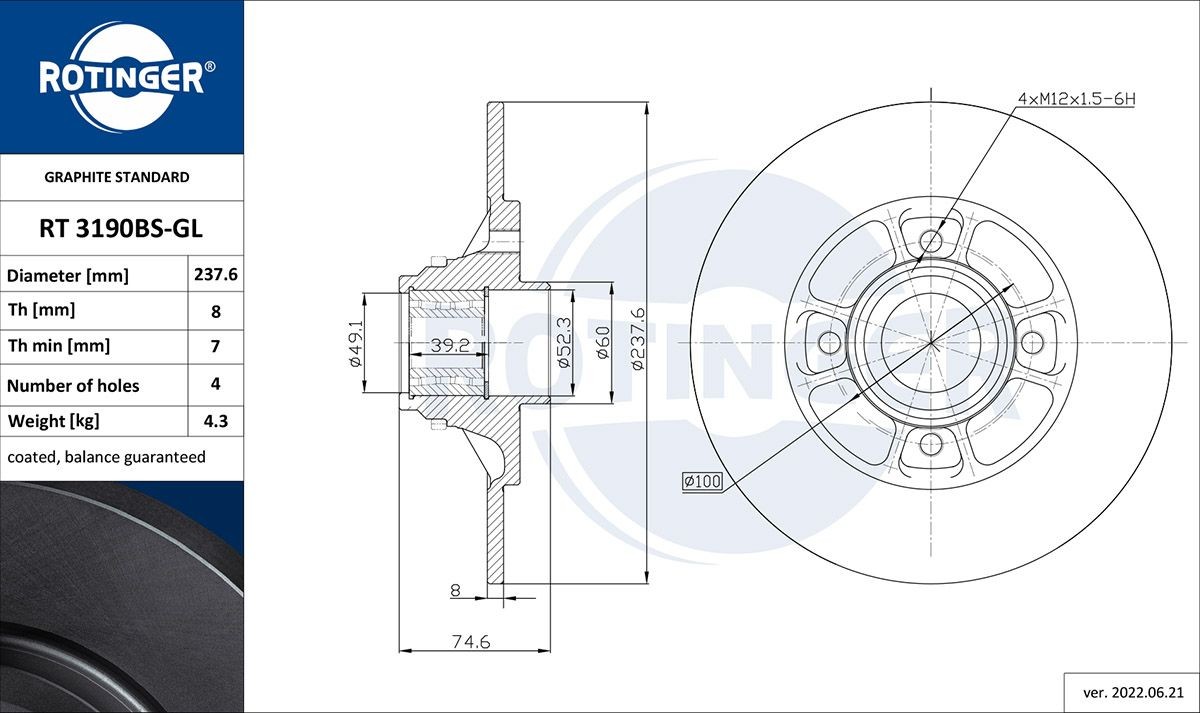 ROTINGER RT 3190BS-GL: Disco de freno GRAPHITE LINE Eje trasero, Ø: 237,7mm, macizo, Ø: 237,7mm, con revestimiento galvánico, con anillo sensor ABS, con cojinete rueda