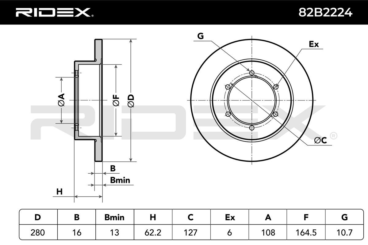 RIDEX 82B2224: Bromsskiva Bakaxel, Ø: 280mm, full, Gjutjärn, Ø: 280mm, obeskiktad