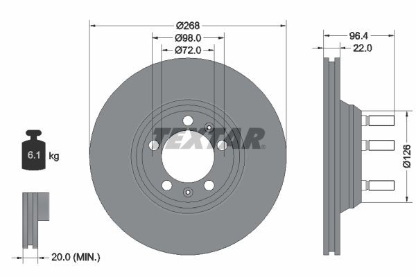 TEXTAR 92033600: Disco de freno Ø: 268mm, ventilación interna, Ø: 268mm, sin buje de rueda, sin cojinete rueda, con perno de sujeción de rueda