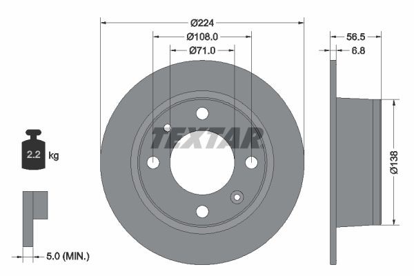 TEXTAR 92026900: Bromsskiva Ø: 224mm, full, Ø: 224mm, utan hjulvnav, utan hjullager, utan hjulbultar
