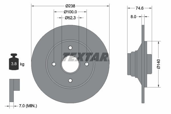 TEXTAR 92070300: Disco de freno Ø: 238mm, macizo, Ø: 238mm, con buje de rueda, sin cojinete rueda, sin perno de sujeción de rueda