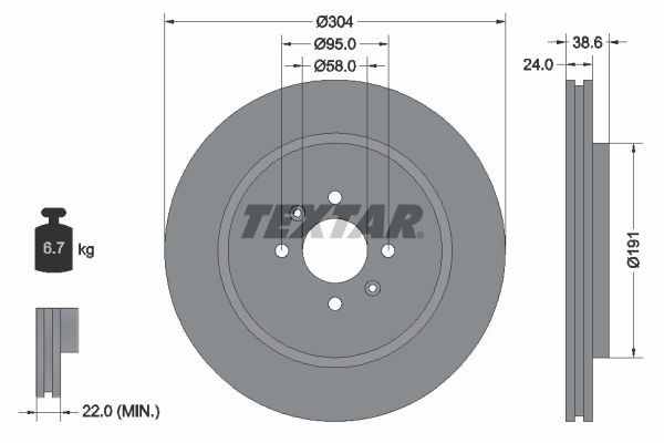 TEXTAR 92170203: Brzdový kotouč R: 304mm, vnitřně větráno, R: 304mm, nátěr, bez náboje kola, bez ložiska (kola), bez šroubů vozidlového kola PRO