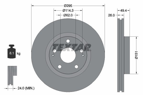 TEXTAR 92168003: Disco de freno Ø: 295mm, ventilación interna, Ø: 295mm, revestido, sin buje de rueda, sin cojinete rueda, sin perno de sujeción de rueda PRO