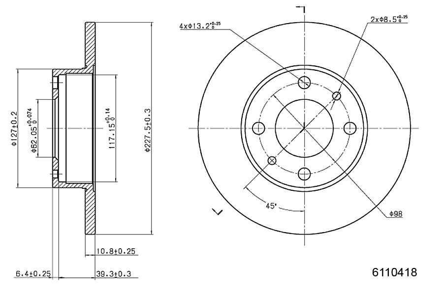 METZGER 6110418: Brzdový kotouč R: 227mm, plný, R: 227mm, lakováno, Křížové broušení