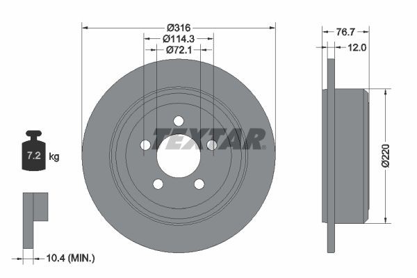 TEXTAR 92202703: Bromsskiva Ø: 316mm, full, Ø: 316mm, belagd, utan hjulvnav, utan hjullager, utan hjulbultar PRO