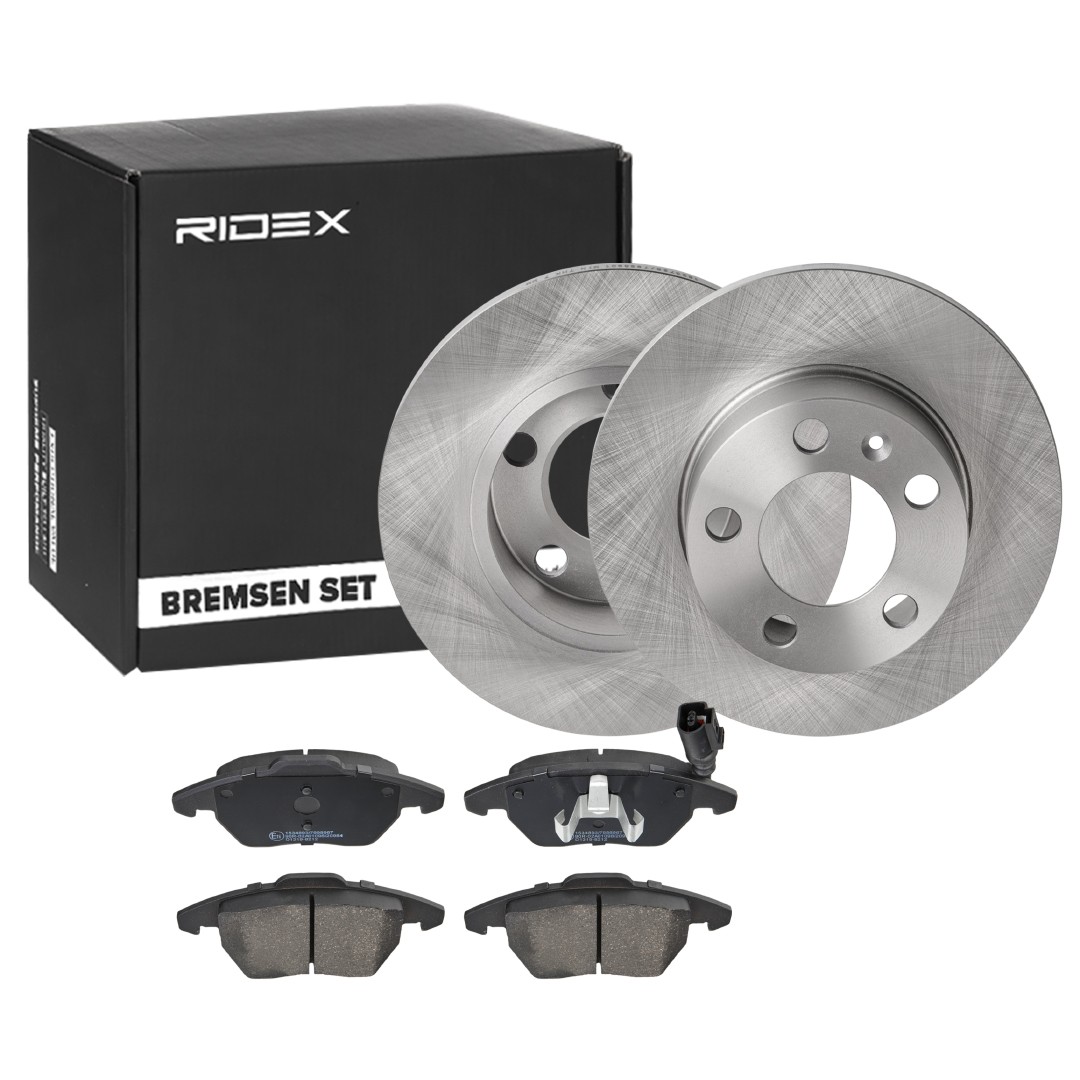 RIDEX 3405B1149: Kit de discos de freno y pastillas Eje trasero, Ø: 230mm, macizo, Chapa antichirridos