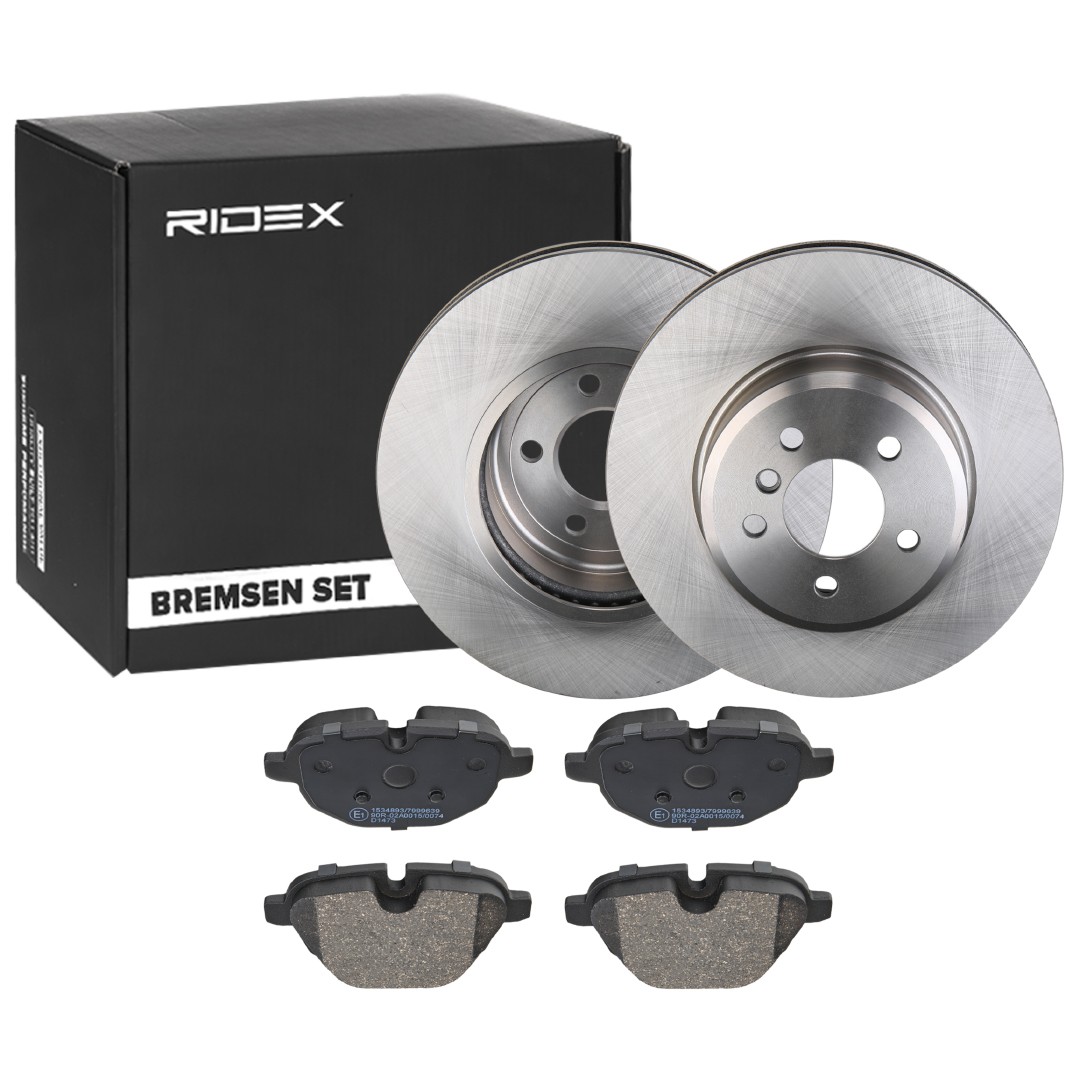 RIDEX 3405B1541: Kit de discos de freno y pastillas Eje trasero, Ø: 348,0mm, disco de freno de dos piezas, ventilado