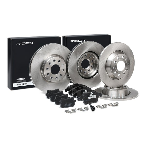 RIDEX 3405B1642: Kit de discos de freno y pastillas Eje delantero, Eje trasero, Ø: 312, 282mm, ventilación interna, macizo, con clip de émbolo