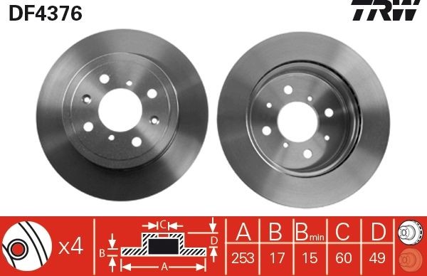 TRW DF4376: Δισκόπλακα Ø: 253mm, αεριζόμενο, Ø: 253mm, βαμμένο