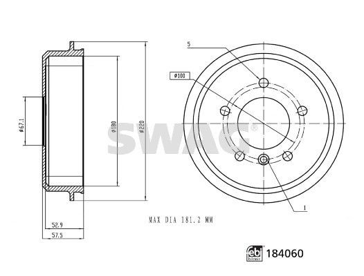 SWAG 33 10 9266: Stabdžių būgnas galinė ašis, 220mm